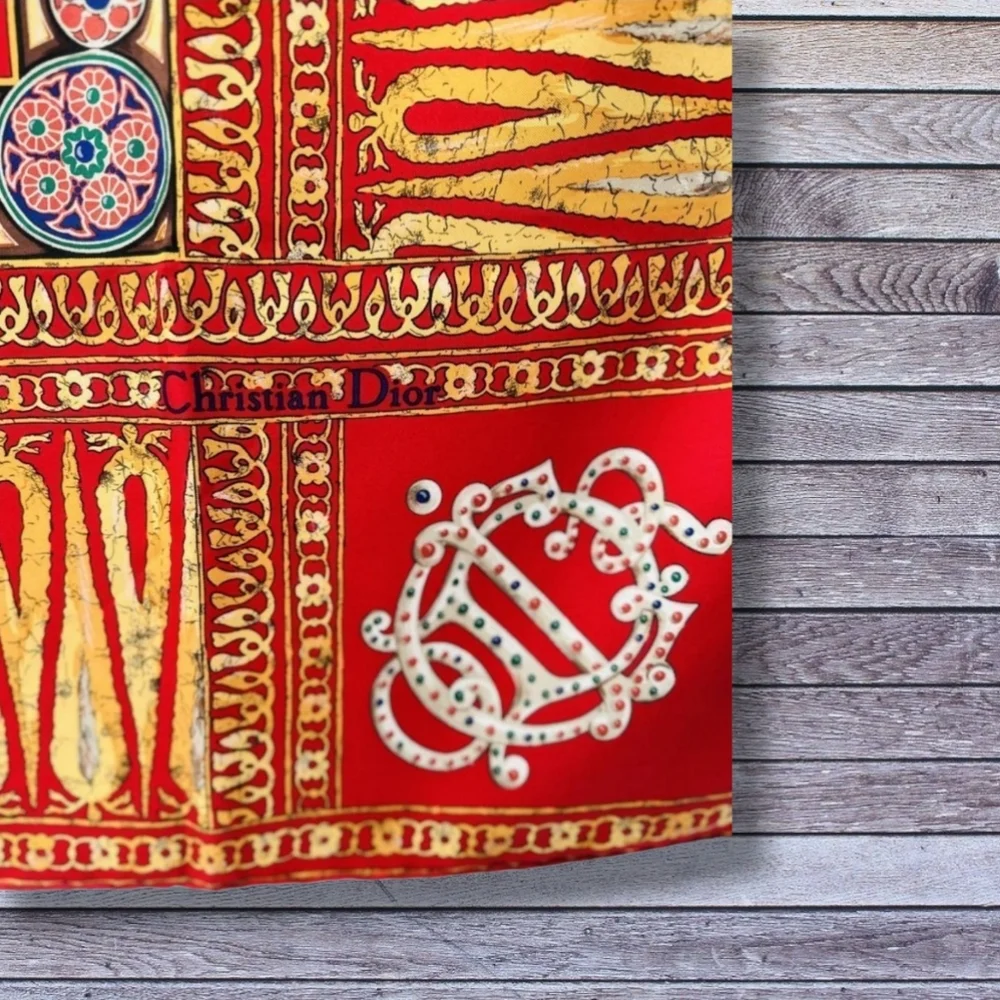 DIOR Vintage Red, Gold & Blue Silk Scarf - Intricate Hand Rolled Edges 90 Square